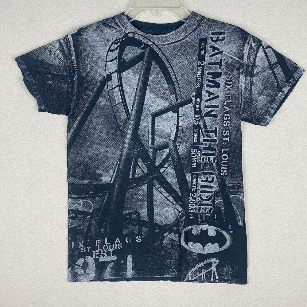 Vintage Six Flags Black T Shirt Batman The Ride Graphic Size Small Short Sleeve
